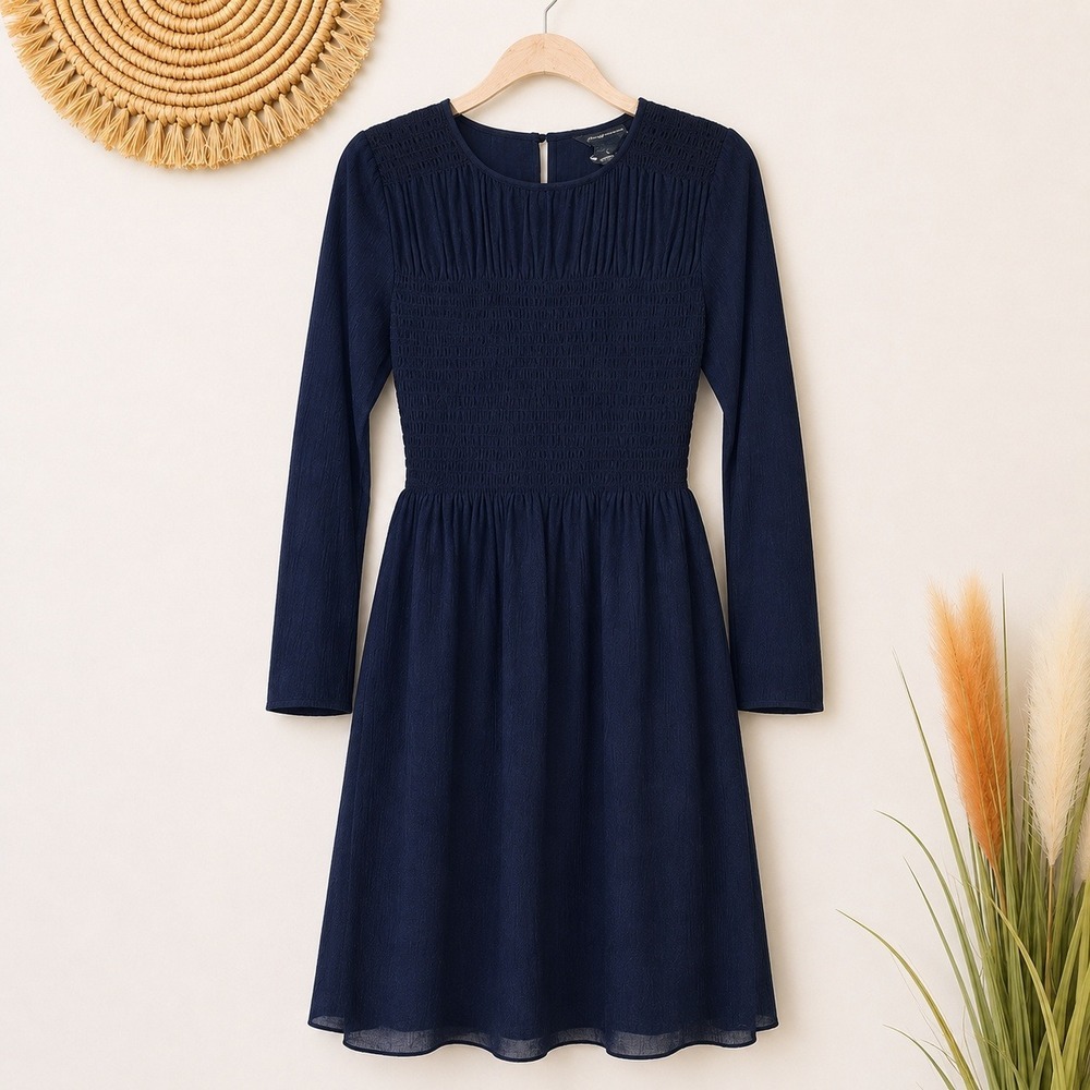 Club Monaco NEW Navy Blue Smocked Long Sleeve Babydoll Dress SZ 4 Minimalist - Picture 10 of 10